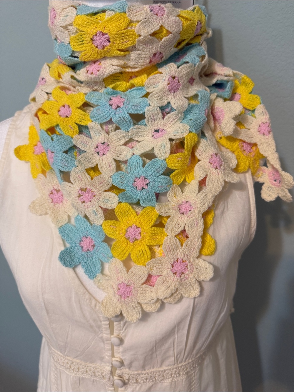 Haute Hippie Crocheted Floral Triangle Scarf in Yellow, Blue, Cream & Pink